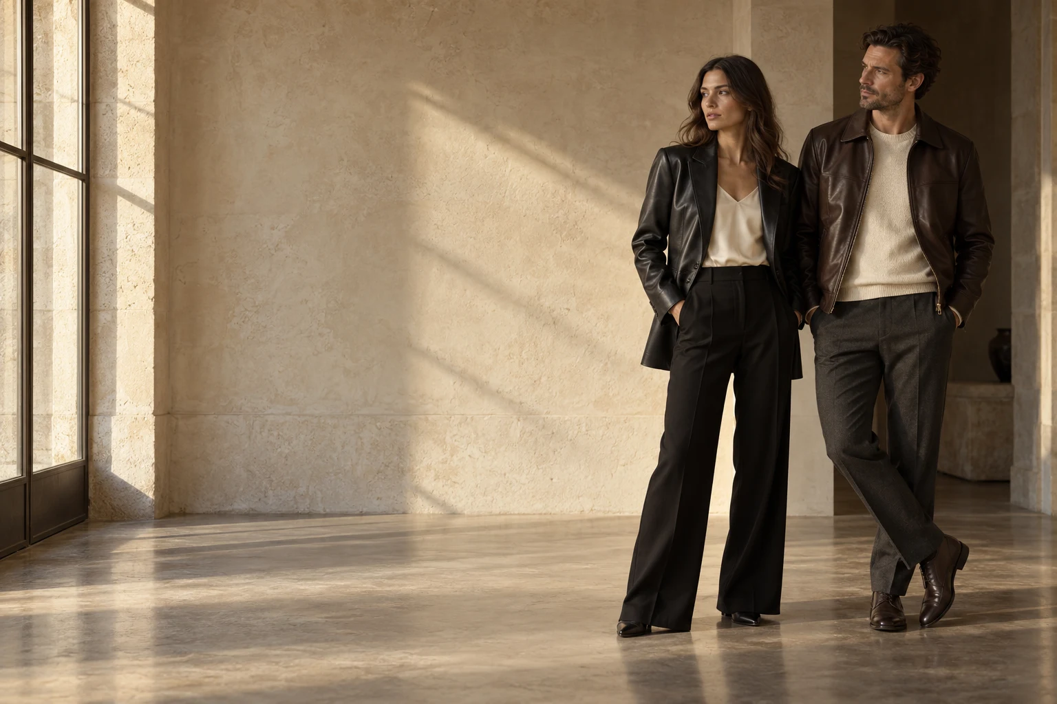 Woman in a black lambskin leather blazer and man in a dark brown cowhide leather jacket standing in a sunlit limestone interior
