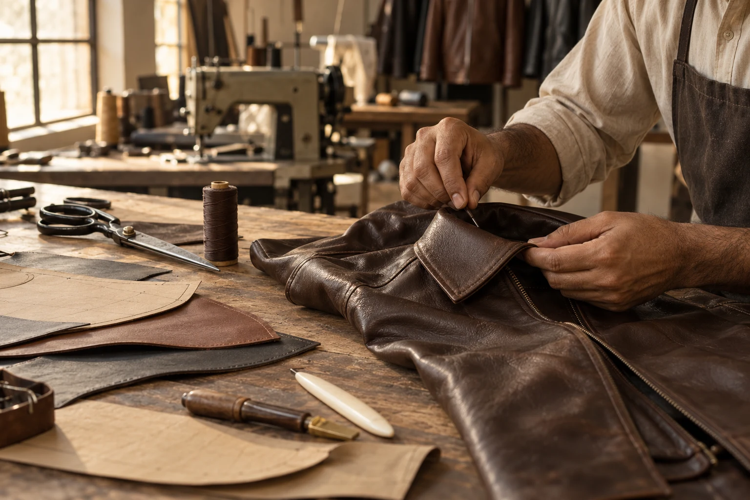 Craftsman's hands finishing the collar of a dark brown leather jacket on a wooden workbench
