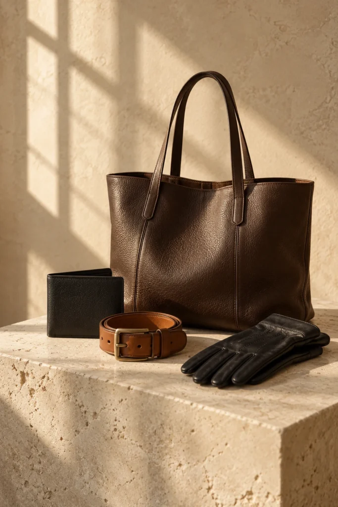 Cowhide leather tote, goatskin wallet, leather belt and sheepskin gloves on a travertine plinth