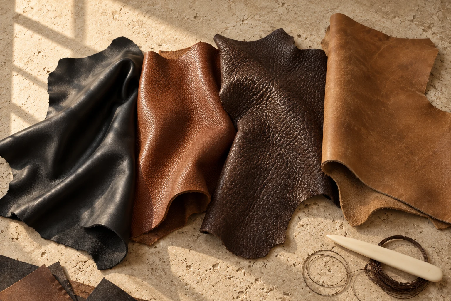 Four leather hides side by side: smooth black lambskin, pebbled cognac goatskin, rugged dark brown buffalo and tan full-grain cowhide
