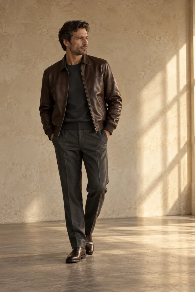 Man wearing a dark brown buffalo leather jacket, charcoal knit and grey wool trousers
