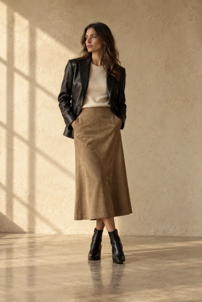 Woman wearing a black lambskin leather jacket, cream knit and tan suede midi skirt